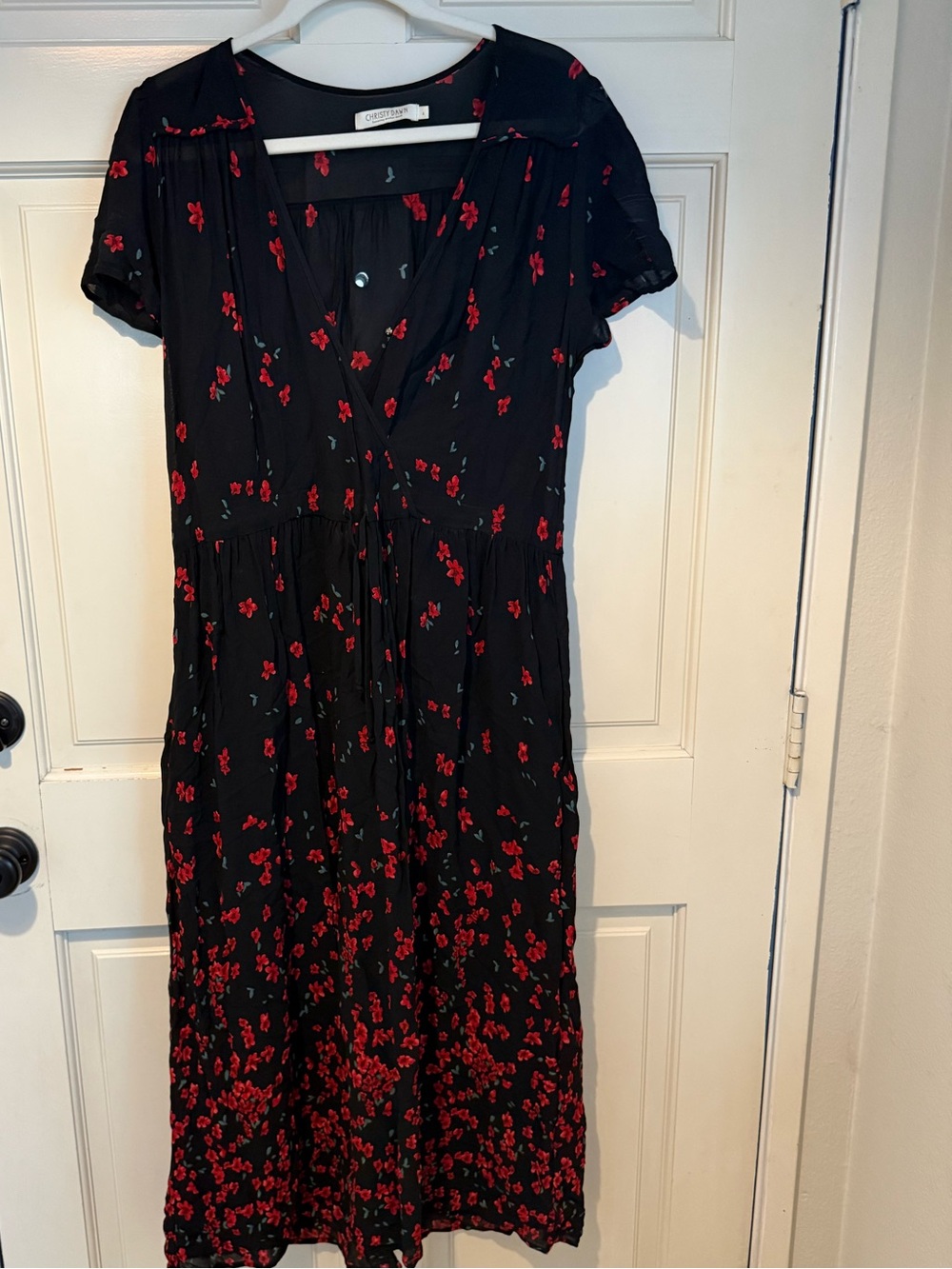 Christy Dawn Black Midi Dress with Red Floral Print